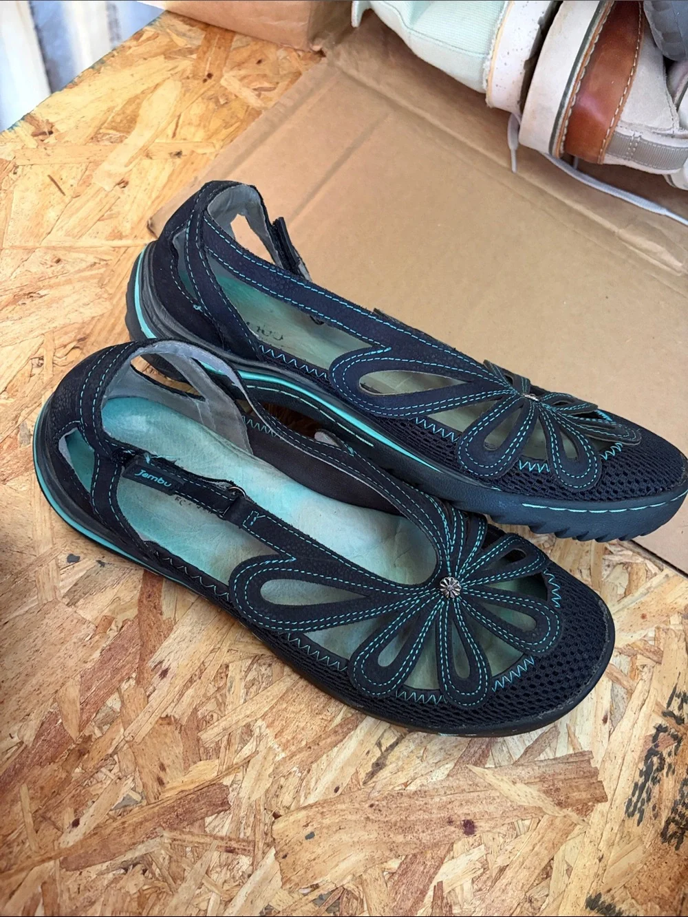 JBU Black Floral Cutout Slingback Flats with Teal Stitching 8.5